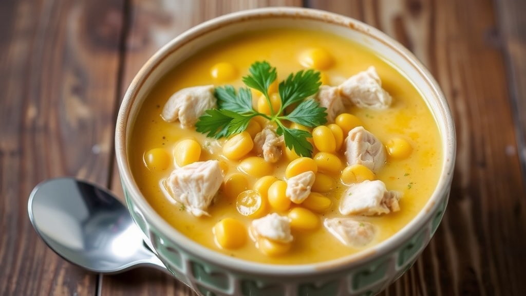 Creamy Chicken Corn Soup Recipe A creamy bowl of Chicken Corn Soup with chicken and corn, garnished with parsley on a wooden table.